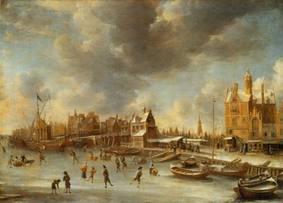 Schlittschuhläufer auf dem Y vor dem Paalhuis von Jan Abrahamsz. Beerstraten